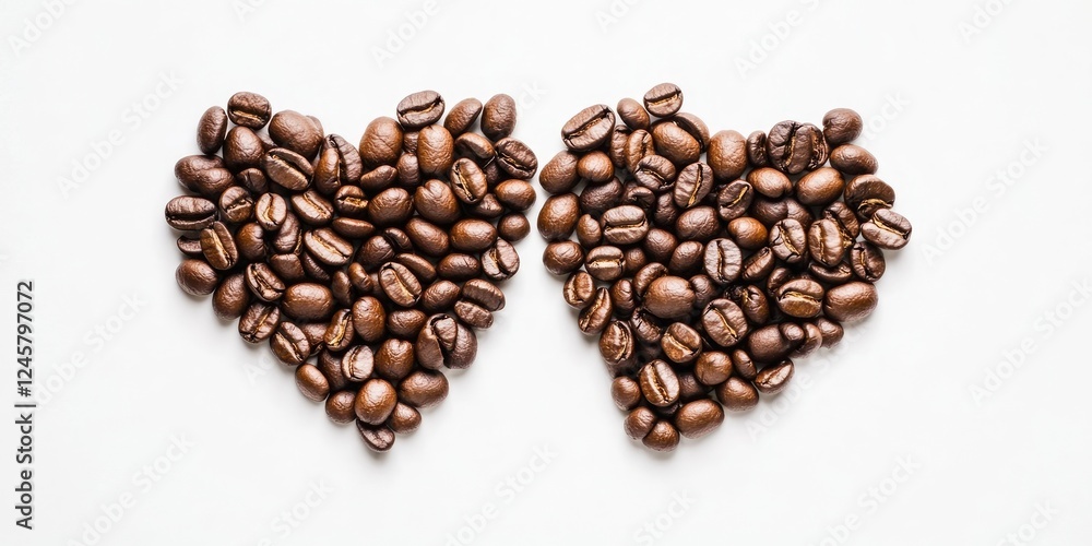 Coffee beans forming two symmetrical heart shapes on a white background symbolizing love, rich brown tones, with intricate detailing on each bean. Coffee beans forming two symmetrical heart shapes on a white background symbolizing love, rich brown tones, with intricate detailing on each bean.