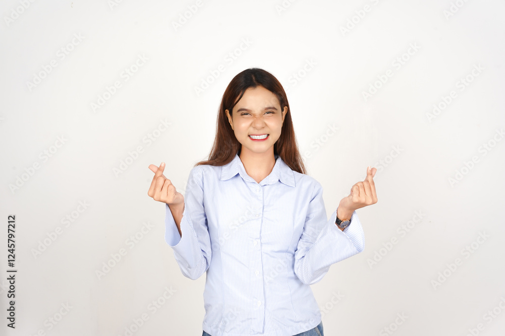 Showing korean finger love Of Beautiful Asian Woman Isolated On White Background Showing korean finger love Of Beautiful Asian Woman Isolated On White Background