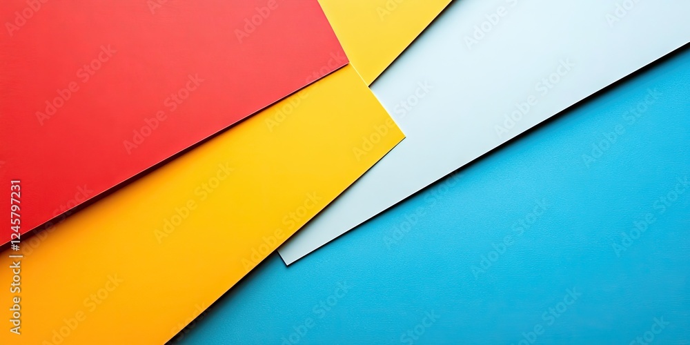 Colorful geometric paper composition with red yellow and light blue sheets arranged diagonally on a vibrant blue background creating ample copy space. Colorful geometric paper composition with red yellow and light blue sheets arranged diagonally on a vibrant blue background creating ample copy space.