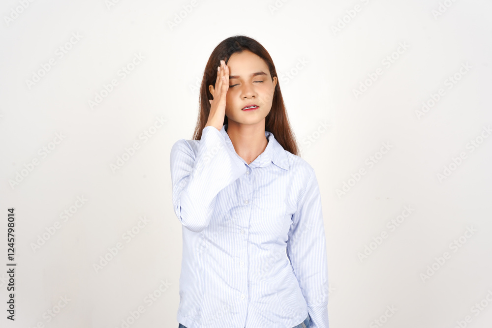 Expressing Stress hand on head suffering headache Of Beautiful Asian Woman Isolated On White Background