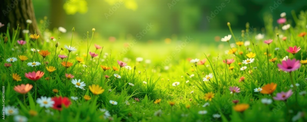 Abundant wildflowers carpeting the lush green grass, lush, bloom Abundant wildflowers carpeting the lush green grass, lush, bloom