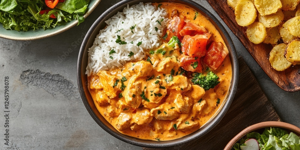 Delicious creamy chicken curry with white rice, fresh tomatoes, and broccoli served in a black bowl on a textured grey background. Delicious creamy chicken curry with white rice, fresh tomatoes, and broccoli served in a black bowl on a textured grey background.