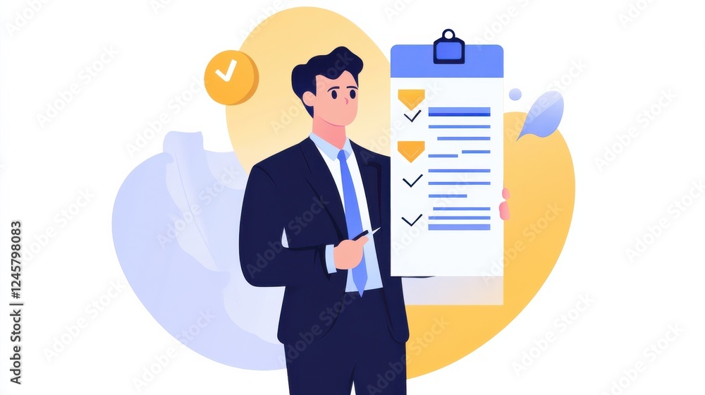 Businessman Reviewing Checklist with Pen and Clipboard Illustration Businessman Reviewing Checklist with Pen and Clipboard Illustration