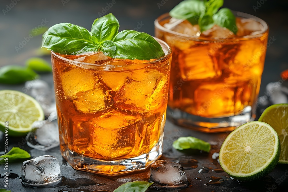 Refreshing Citrus Summer Drink with Fresh Basil and Ice Cubes for Seasonal Parties Refreshing Citrus Summer Drink with Fresh Basil and Ice Cubes for Seasonal Parties