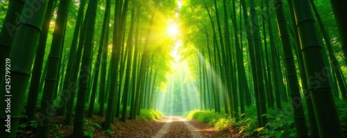 Bamboo grove with sunlight filtering through the leaves, sunlight, forest, foliage photo