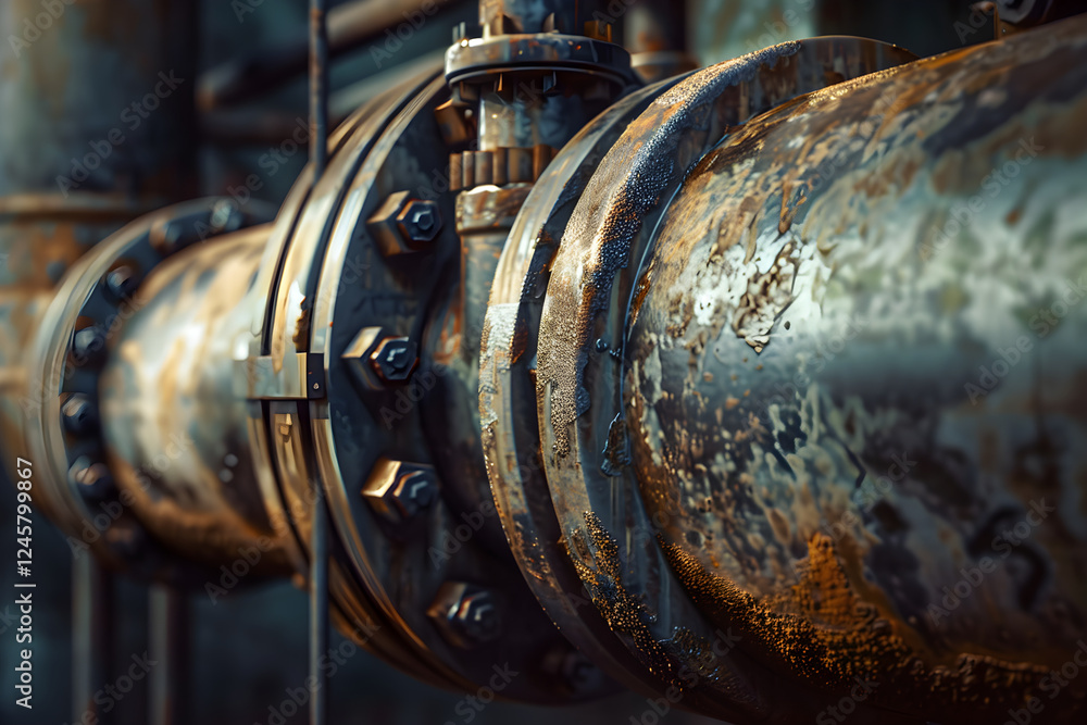 Close-Up Shot of a Weathered Industrial Pipe with Complex Connectors Highlighting Mechanical Precision Close-Up Shot of a Weathered Industrial Pipe with Complex Connectors Highlighting Mechanical Precision
