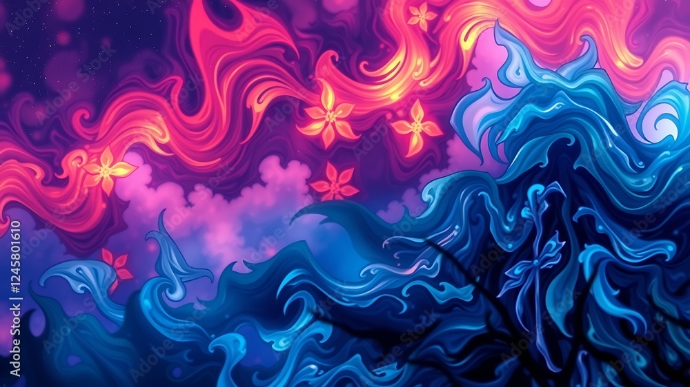 Abstract floral design of fire and water with fantasy colors and stars. Abstract floral design of fire and water with fantasy colors and stars.