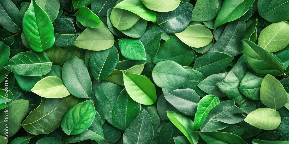 Lush green foliage background with various shades of green leaves layered harmoniously creating a vibrant natural texture perfect for nature themes