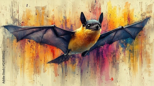 Colorful illustration of a bat in flight against a vibrant abstract background