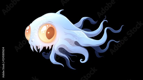 Cute cartoon ghost-like creature with large eyes and flowing tentacles on a dark background