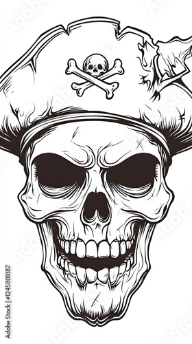 Detailed illustration of a pirate skull wearing a hat with crossed bones, set against a plain background