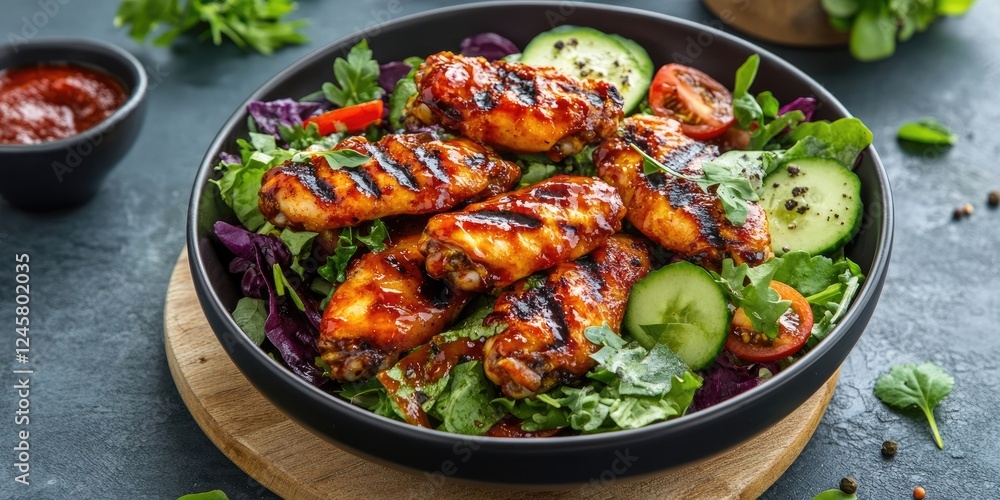 Delicious grilled chicken wings on a bed of fresh greens with cucumbers and tomatoes in a black bowl on a wooden serving board with sauce. Delicious grilled chicken wings on a bed of fresh greens with cucumbers and tomatoes in a black bowl on a wooden serving board with sauce.