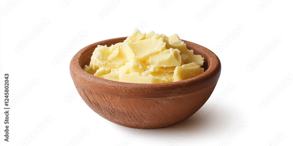 Creamy yellow butter cubes in a rustic brown wooden bowl on a plain white background, showcasing a fresh and natural culinary ingredient. Creamy yellow butter cubes in a rustic brown wooden bowl on a plain white background, showcasing a fresh and natural culinary ingredient.
