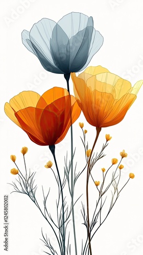 Vibrant illustration of three stylized flowers in warm hues with delicate stems and buds