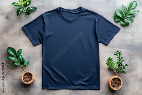 Flat lay dark blue t-shirt mockup. Casual navy t-shirt lying on plain background with plants nearby. Unisex short sleeve shirt, blank template for summer, beach designs