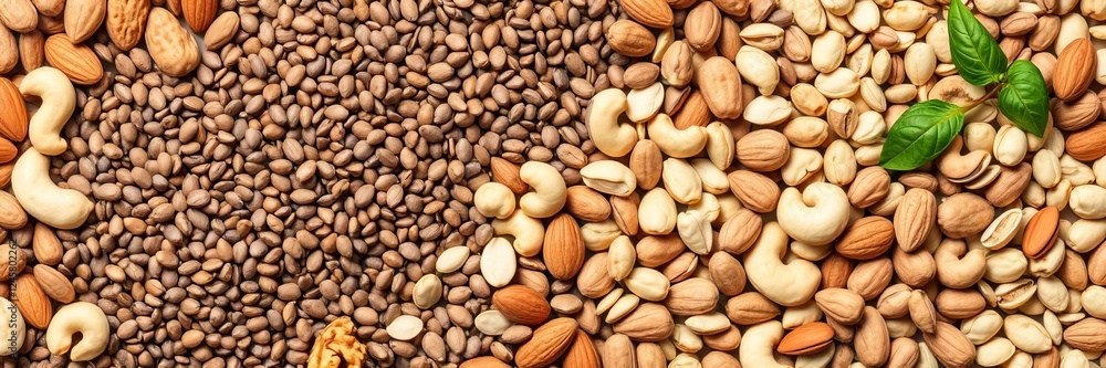 Assortment of various nuts and seeds in a big set for healthy snack options, lifestyle, fiber, wellness Assortment of various nuts and seeds in a big set for healthy snack options, lifestyle, fiber, wellness
