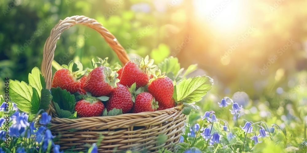 Freshly picked strawberries in a woven basket amidst green leaves and vibrant blue flowers, illuminated by warm sunlight in a serene garden setting. Freshly picked strawberries in a woven basket amidst green leaves and vibrant blue flowers, illuminated by warm sunlight in a serene garden setting.
