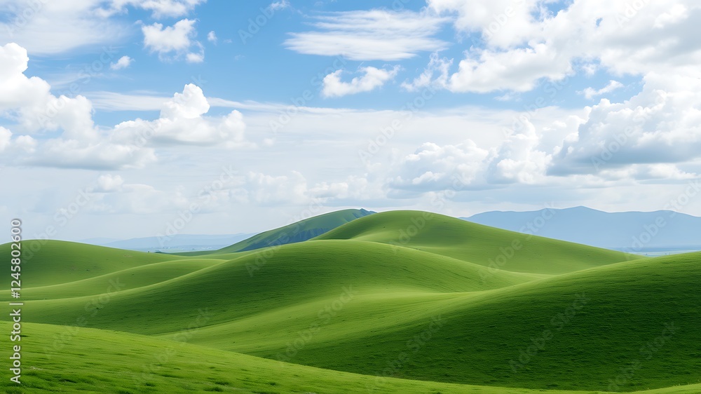Rolling green hills under a bright blue sky with white, puffy clouds above. Rolling green hills under a bright blue sky with white, puffy clouds above.