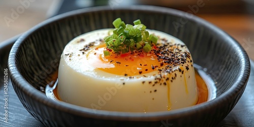 Creamy steamed egg custard topped with green onions and spices in a dark bowl with a wooden background, emphasizing rich yellow and white colors.
