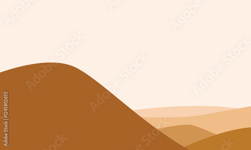 The vector background showcases a desert scene with a rich gradient of brown, highlighting the rolling dunes and endless horizon in a minimalist style.

