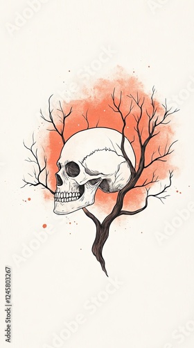 Artistic illustration of a skull intertwined with a tree, set against an orange backdrop
