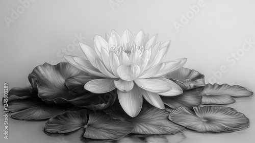 Elegant white lotus flower blooming on serene water surface surrounded by large leaves