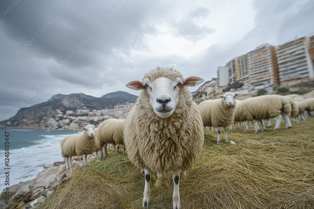 Obraz premium Coastal Sheep Flock: A Serene Mediterranean Scene