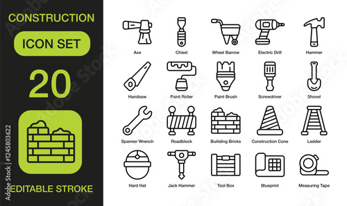 Construction Line Icon Set. Blueprint, Paint Roller, Hammer. Pixel Perfect. Editable Stroke
