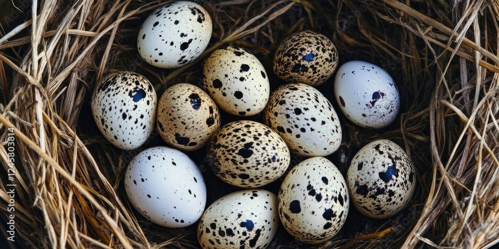 Quail eggs in a natural nest of straw displaying a mix of speckled brown and white colors positioned centrally with rich earthy tones.