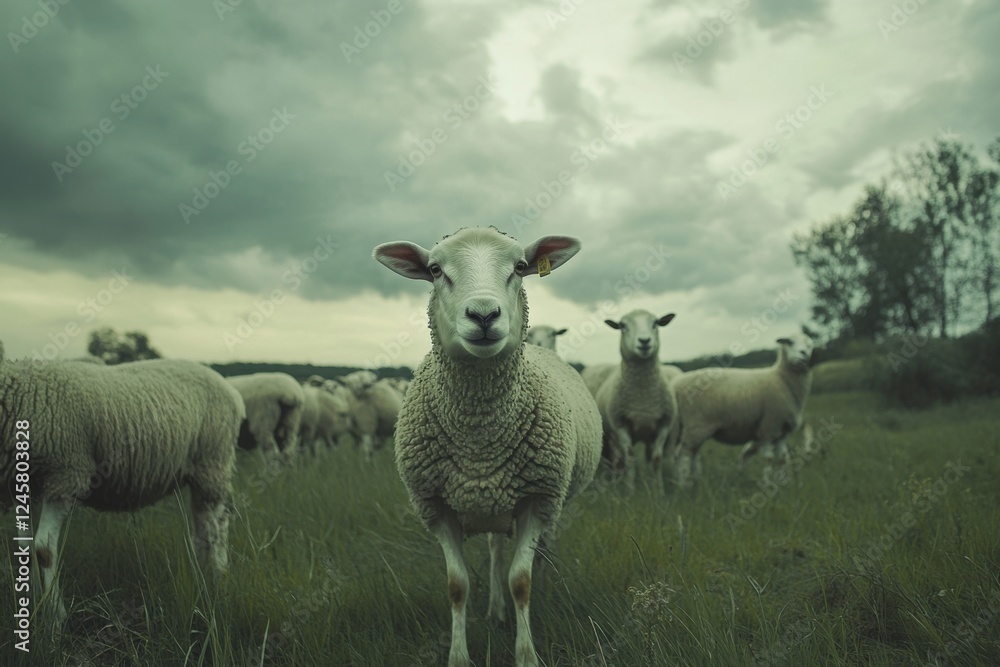 Fototapeta premium A Sheep in a Field Under a Cloudy Sky