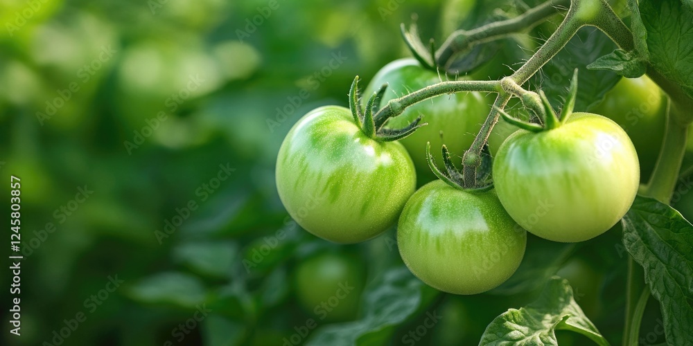 Green tomatoes nestled among vibrant green leaves, showcasing their developing state against a blurred background of lush garden foliage. Green tomatoes nestled among vibrant green leaves, showcasing their developing state against a blurred background of lush garden foliage.