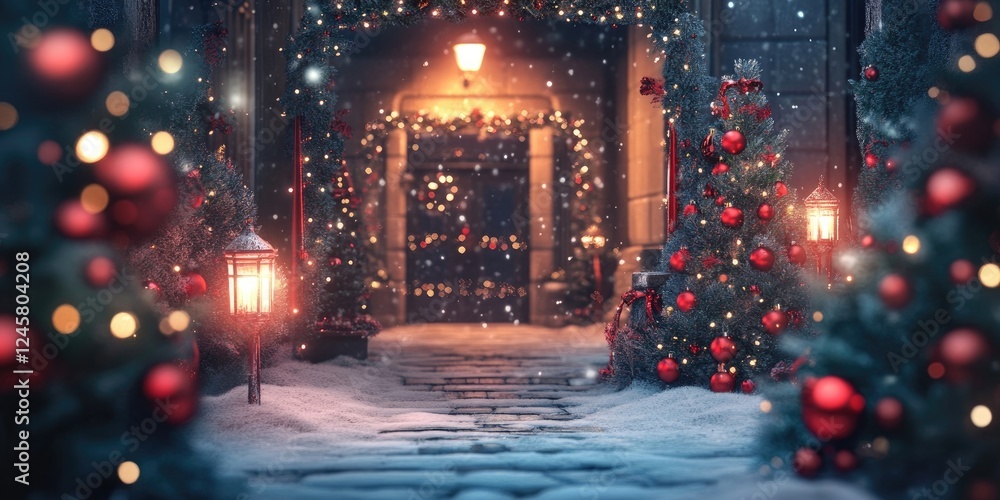 Enchanting winter street adorned with glowing lanterns red ornaments and snow-covered pathway leading to a beautifully decorated festive entrance Enchanting winter street adorned with glowing lanterns red ornaments and snow-covered pathway leading to a beautifully decorated festive entrance