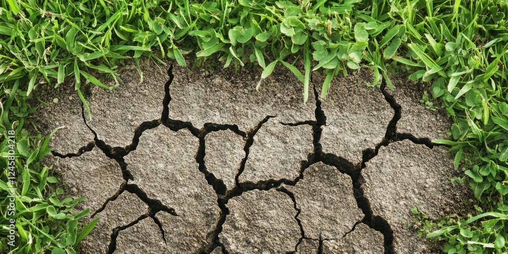 Cracked dry soil with green grass around the edges showcasing drought effects vibrant green and brown contrast in a circular layout. Cracked dry soil with green grass around the edges showcasing drought effects vibrant green and brown contrast in a circular layout.