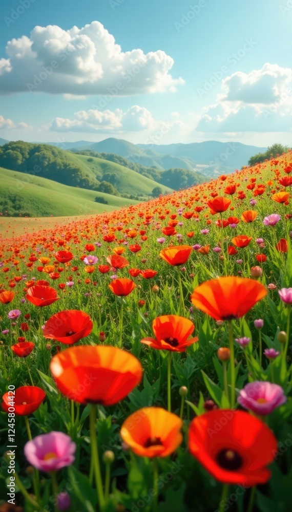 Multicolored poppies scattered across a hillside, field, petals, flowers Multicolored poppies scattered across a hillside, field, petals, flowers