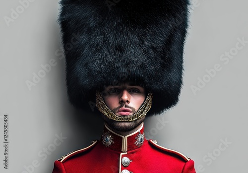 Royal Guard in Red Uniform with Black Fur Hat in Minimalist Style with Dramatic Lighting photo