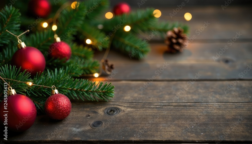 Ornaments and festive decorations on a rustic wooden table, , festive decorations, Christmas ornaments Ornaments and festive decorations on a rustic wooden table, , festive decorations, Christmas ornaments