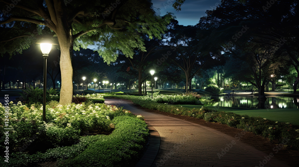 Obraz premium Serene Night Park Path Illuminated by Lamplight