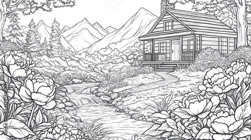 Wallpaper Mural Cabin, stream, mountains, flowers, coloring book page Torontodigital.ca