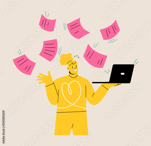 Woman carry laptop overwhelmed with online notification. Colorful vector illustration