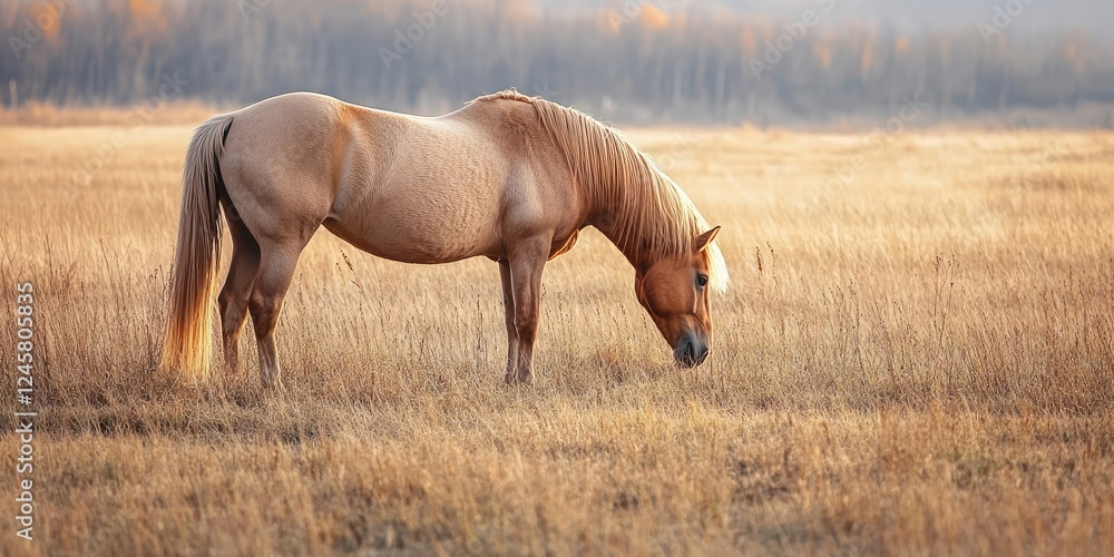 Naklejka premium Golden horse grazing in a sunlit field of tall, golden grass with soft blurred background and warm tones creating a serene countryside atmosphere.