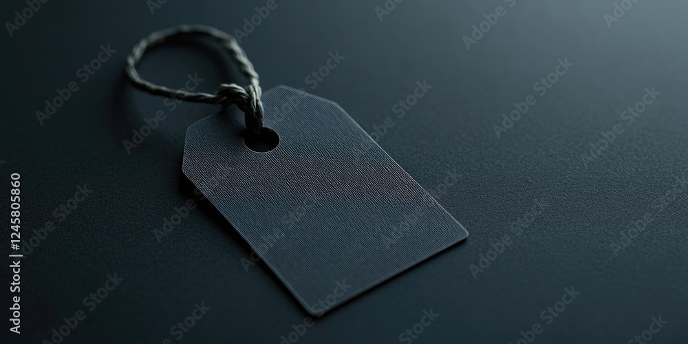 Fototapeta premium Blank black tag with a textured surface, positioned at a slight angle on a dark surface, showcasing branding potential and minimalist design aesthetics.