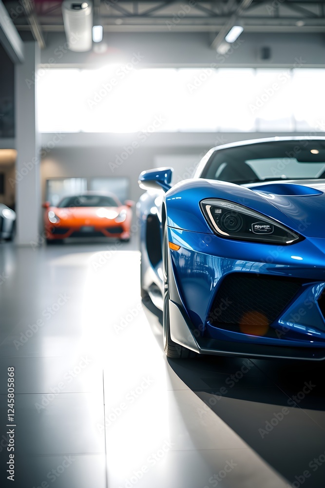 Close up blue sports car in the modern garage