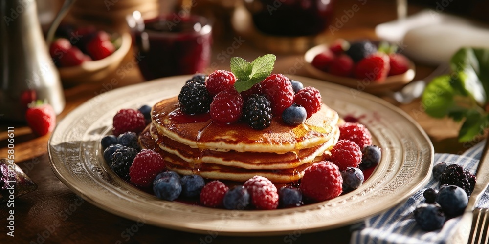 Delicious fluffy pancakes topped with fresh raspberries blackberries and blueberries on a decorative plate with mint leaves and syrup in soft warm lighting Delicious fluffy pancakes topped with fresh raspberries blackberries and blueberries on a decorative plate with mint leaves and syrup in soft warm lighting