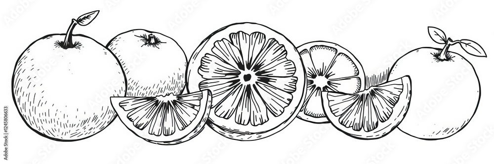 Obraz premium Ink hand drawn vintage orange fruit collection with whole, half, and sliced oranges sketches, fruit, orange, hand drawn
