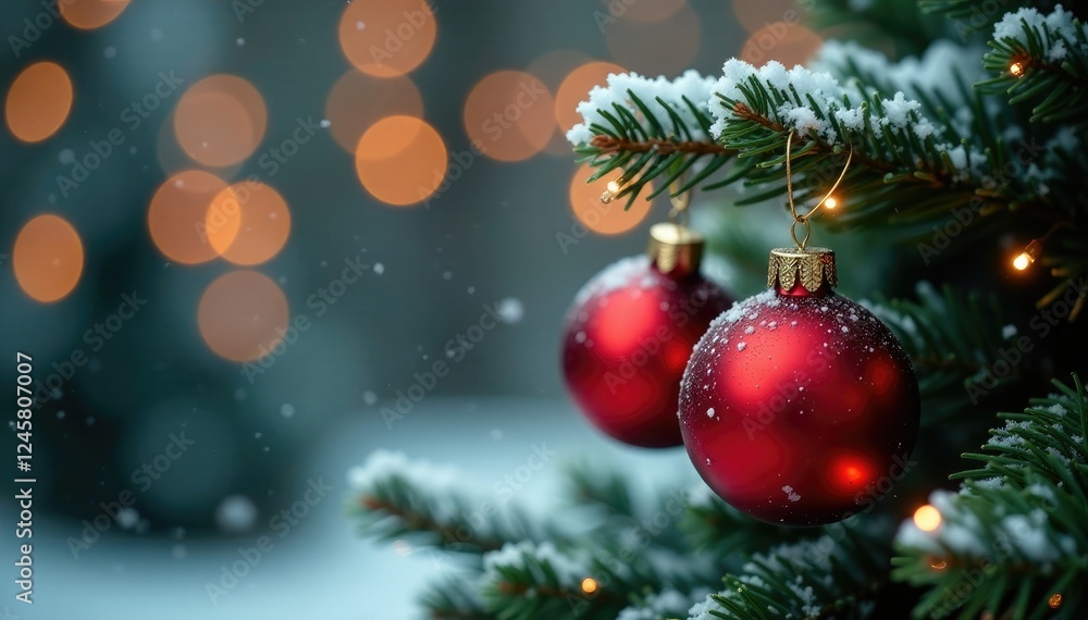 Obraz premium Snow-dusted evergreen branch with festive red and gold ornaments, warm glow of string lights in the background, red, gold, festive