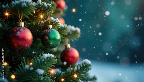 Snowflakes falling gently on a festive Christmas tree, evergreen branches, twinkling stars, ornaments