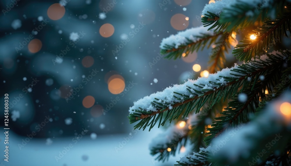 Snowflakes gently fall on Christmas tree branches with twinkling lights, winter wonderland, Snowflakes gently fall on Christmas tree branches with twinkling lights, winter wonderland,
