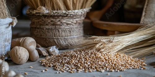 Wheat grains scattered on a rustic floor surrounded by woven baskets and dried wheat stalks in warm earthy tones capturing an agricultural theme photo