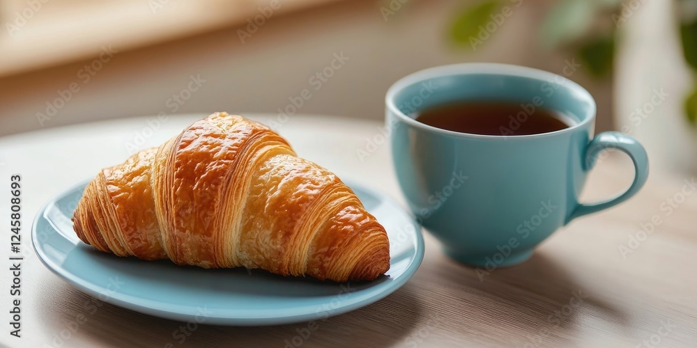 Croissant on a light blue plate beside a teal cup filled with black tea, set against a soft background, ideal for a cozy breakfast scene Croissant on a light blue plate beside a teal cup filled with black tea, set against a soft background, ideal for a cozy breakfast scene