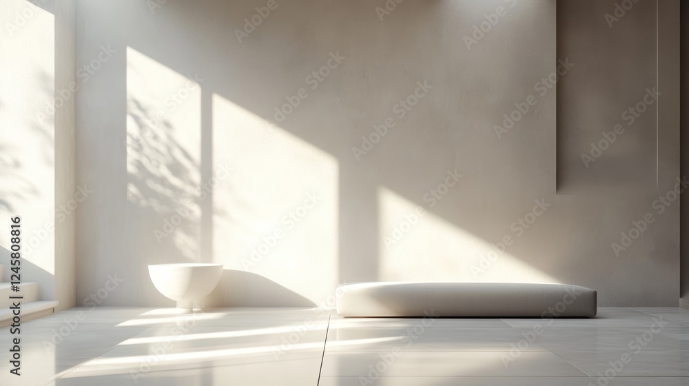 Minimalist interior with soft light casting shadows on the cream walls and floor Minimalist interior with soft light casting shadows on the cream walls and floor